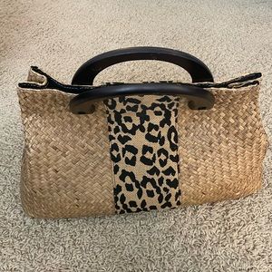 Wicker Rattan and Animal Print Large Bag